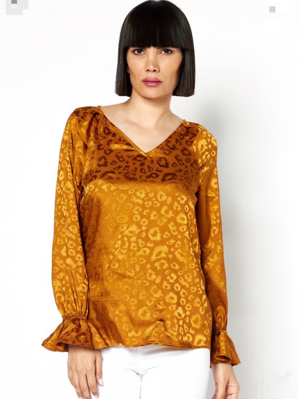 🐠 Bar III Satin Leopard-Jacquard V-Neck Blouse in Mustard